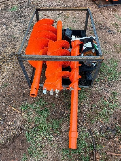 UNUSED RAYTREE SKID STEER AUGER ATTACHMENT W/ 3 BITS (HEX DRIVE, 6 INCH, 12 INCH, 18 INCH)