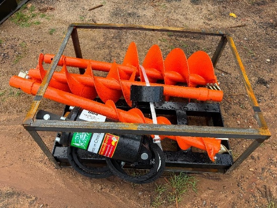 UNUSED RAYTREE SKID STEER AUGER ATTACHMENT W/ 3 BITS (HEX DRIVE, 6 INCH, 12 INCH, 18 INCH)