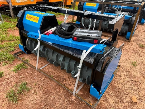 UNUSED RAYTREE 50 INCH LOW FLOW SKID STEER DRUM MULCHER (MODEL RMBD50, REQUIRES 11 - 24 GPM, BLUE)