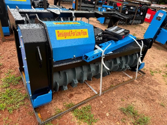 UNUSED RAYTREE 50 INCH LOW FLOW SKID STEER DRUM MULCHER (MODEL RMBD50, REQUIRES 11 - 24 GPM, BLUE)