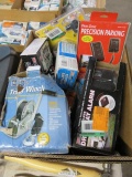 BOX OF ASSORTED AUTO RELATED PARTS, TRAILER RECEIVERS, PARKING AIDS, REESE