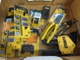 BOX OF DEWALT TOOLS, LINEMAN PLIERS, DRIVER BITS AND HEX KEYS,