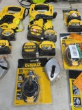 LOT DEWALT 100' REEL TAPE, 4 ASSORTED TAPES AND 2 CHALK LINES