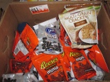 BOX OF REESERS MINIS, YORK PATTIES, CRUNCHMAN MULTI GRAIN CRACKERS