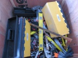 WOOD CRATE OF ASSORTED HAND TOOLS, TOOL BOXES, LEVELS, HAMMER/DRILL BITS