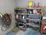 (2) SHELVES W/CONTENTS, STRAPS, EXTENSION CORDS, GREASE GUNS