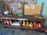WOOD BENCH W/CAUTION TAPE, FIRST AID KITS, FIRE EXTIGUISHERS