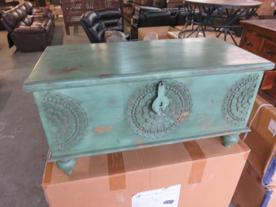 WOODEN BOX COFFEE TABLE GREEN W/HINGED TOP 35''W X 17''D X 18''H