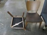 LOT OF 2 WOOD DINNING CHAIRS W/BROWN PAD (1 NEEDS LEG REPAIRED)