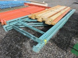 PALLET W/ (2) 14' X 44'' PALLET RACK UPRIGHTS, (1) 12' X 44'' UPRIGHT, & (12) 8' LOAD BEAMS