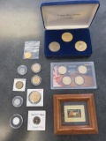 BOX W/ASSORTED CURRENCY, COLLECTOR COINS, & POSTAGE STAMP