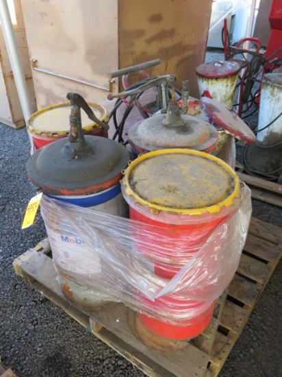 PALLET W/ (2) GREASE BARRELS, (2) GREASE BARRELS W/ PUMPS, (1) GREASE