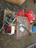 PALLET W/ GAS CANS, SHOP LIGHT, STRAPS, ASSORTED TOOLS, & BUFFER