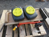 PALLET W/(2) OIL DRAIN CANISTERS, SNAP-ON FLOOR CREEPER & 2-WAY HAND TRUCK