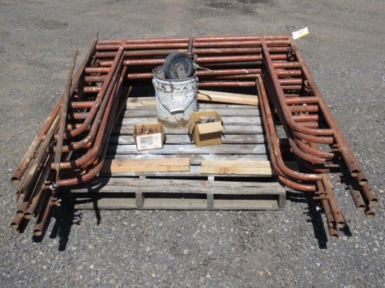 PALLET W/(9) SCAFFOLDING UPRIGHTS W/SOME CROSS ARMS & CASTERS