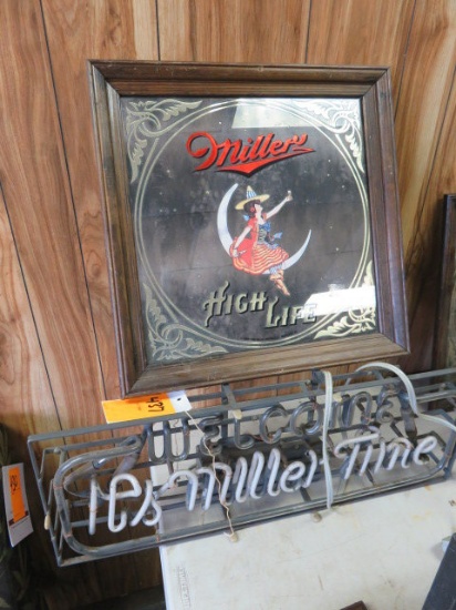 'WELCOME ITS MILLER TIME' NEON BAR SIGN & MILLER HIGH LIFE FRAMED MIRROR