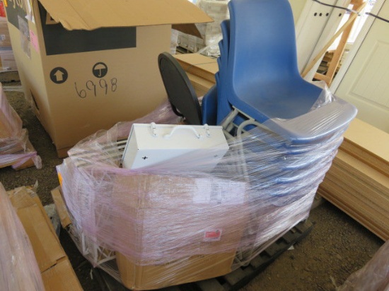 PALLET W/(7) CHAIRS, FLUORESCENT LIGHT FIXTURES, (1) BOX OF TOILET PAPER