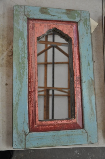2 - DECORATIVE MIRRORS W/WOOD FRAMES BLUE/RED 12''X21'' AND 14''X22''
