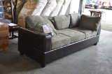 GREEN & BROWN SOFA C/W BOX OF ASSORTED PARTS