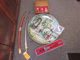 (2)SWORDS, WOOD JEWELRY BOX & METAL PAINTED SIGN