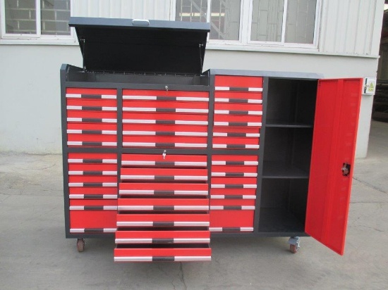 85'' HEAVY DUTY TOOL CHEST CABINET (35) DRAWERS, TOP CHEST & UPRIGHT STORAGE CABINET