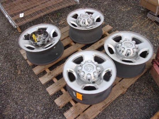 (4) DODGE 8 LUG STEEL WHEELS W/CENTER CAPS & LUG NUTS