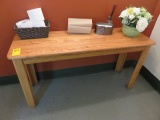 WOODEN TABLE W/BASKET, CANDLE, & FLOWERS