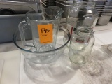 GLASS PITCHER, BOWL, & (2) JARS