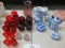 BLUE AND WHITE CERAMIC WARE, RED AND PURPLE GLASS WARE