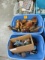 (3) TOTES OF WOODEN ITEMS, FIGURIENS AND GLASS WARE