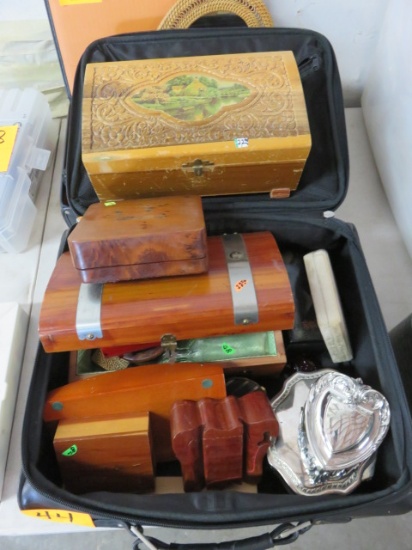 BRIEFCASE WITH MOSTLY WOODEN AND TIN JEWELRY BOXES