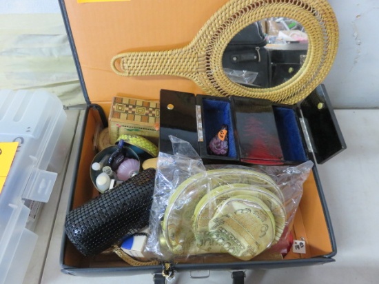 BRIEFCASE WITH ASSORTED PERFUME BOTTLES AND DRESSING TABLE ITEMS