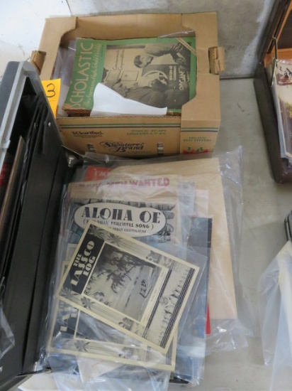 BRIEFCASE AND BOX OF SCHOLASTIC MAGAZINES AND OLD PRINT ITEMS
