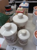(2) CERAMIC CANISTERS AND THREE PLASTIC CURRIER AND IVES PRINT CANISTERS