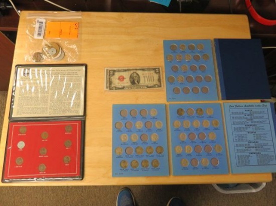 (2) $2 BILLS, (2) JEFFERSON NICKEL COIN ALBUMS, STORY OF THE ABRAHAM LINCOLN PENNIES ALBUM