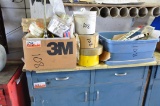 LOT OF TAPES/ADHESIVES AND BEHR SAND PAPER TRAY METAL