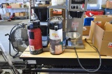 COMMERCIAL COFFEE MAKER, GRINDER, 2 VACUUM POTS AND CONDIMENT RACK