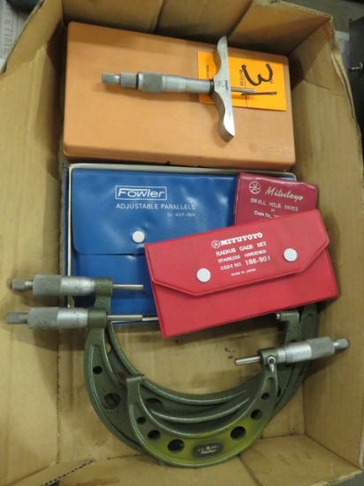 ASSORTED MITUTOYO MICROMETERS, INSIDE MICROMETER, RADIUS GUAGES, SMALL HOLE