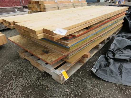 PALLET OF (16) 10' X 2'' X 6'' FIR BOARDS AND SOME ASSORTED AND MIXED SIZE AND LENGTH PARTICLE BOARD