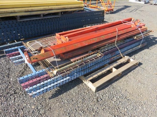 (4) 10 PALLET RACKING UPRIGHTS, (10) 8 LOAD BEAMS, AND ASSORTED PALLET RACK WIRE DECKING