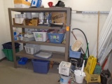 CONTENTS OF ROOM- RACK, CLEANING SUPPLIES, MOP BUCKET & TOTES