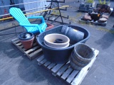 (2) PALLETS W/ PLASTIC TUB, ASSORTED PLANTER POTS & MISC. OUTDOOR DECOR