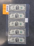 (5) UNCIRCULATED 1976 SERIES TWO DOLLAR BILLS W/ SEQUENTIAL SERIAL NUMBERS