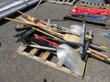 PALLET W/ASSORTED BROOMS & SHOVELS