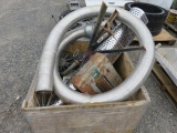 CRATE W/ FLEX HOSE, TRASH PUMP, GRATES, PRY BARS