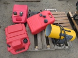 PALLET W/ (3) PLASTIC BOAT FUEL CELLS, (1) AUTO CREEPER