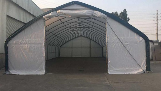 30' X 50' X 16' STRAIGHT WALL PEAK SHELTER W/ COMMERCIAL FABRIC