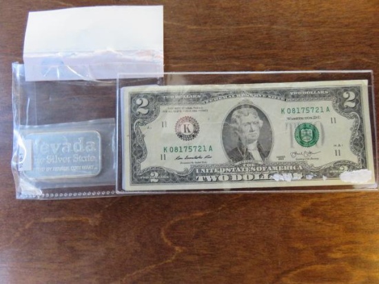 ONE TROY OUNCE SILVER BAR & TWO DOLLAR BILL