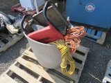 TOTE W/ ASSORTED EXTENSION CORDS & ROLLING STOOL