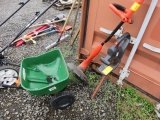 PALLET W/ GRASS HOG ELECTRIC WEED EATER, BLACK & DECKER ELECTRIC HEDGE TRIMMER, SCOTT'S BROADCAST